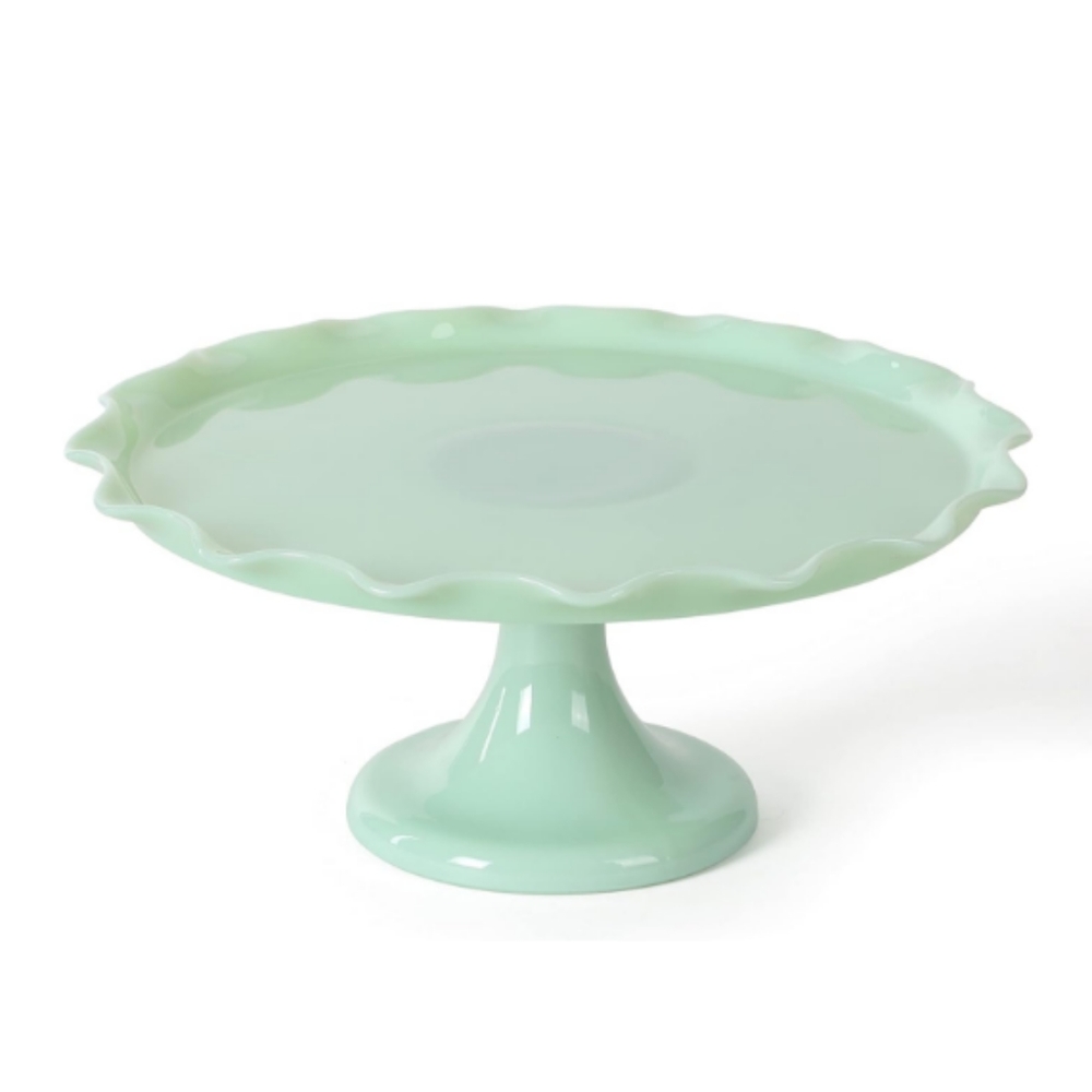 11" Handmade Jadeite Glass Cake Stand - Ruffle Trim